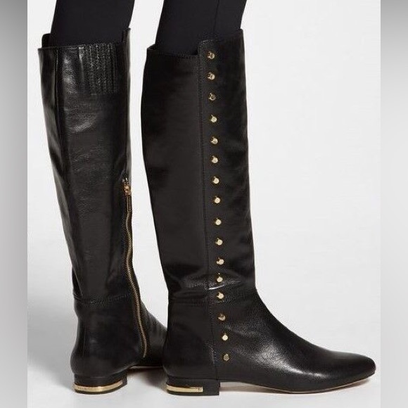 ♦️ Michael Kors Black knee high leather boots with gold studs size 5.5 - Picture 1 of 16